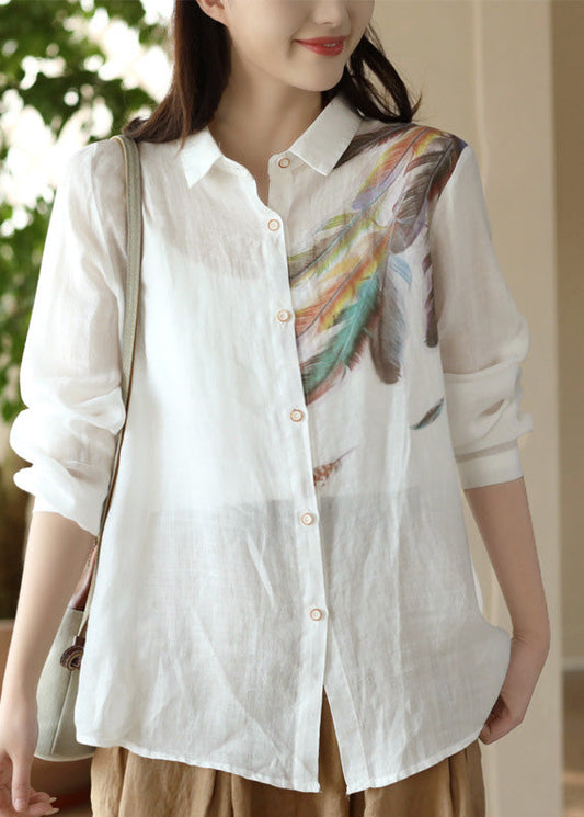 White Peter Pan Collar Print Ramie Shirts Spring