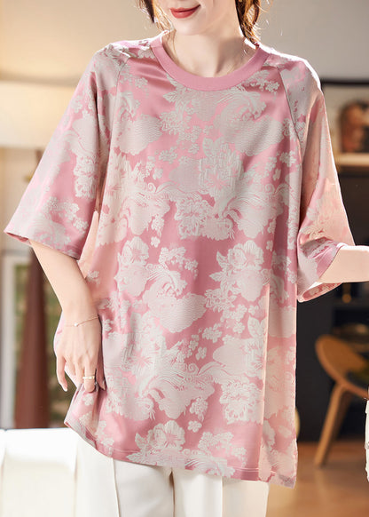 Jacquard Pink O-neck Chiffon T Shirt Short Sleeve