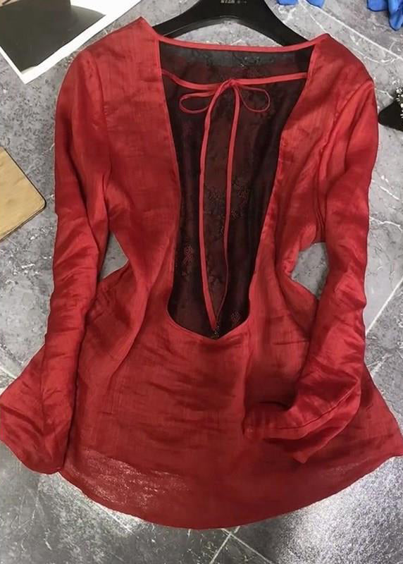 Red Back Lace Up Patchwork Cotton Tops Fall