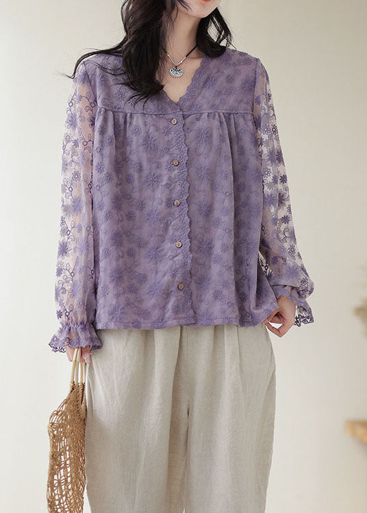 Boutique Purple V Neck Embroidered Patchwork Lace Top Long Sleeve
