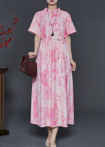Pink Print Cotton Chinese Style Dress Summer