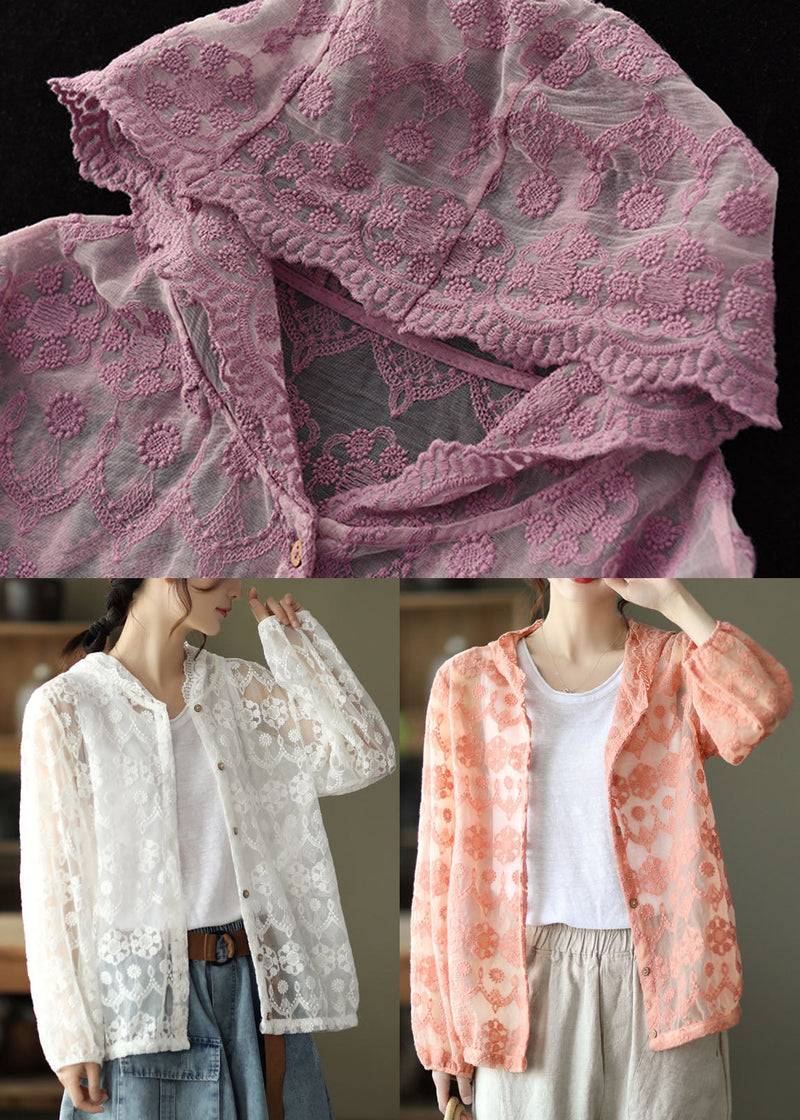 Purple Hollow Out Lace Upf 50+ Coat Cardigan Embroidered Long Sleeve