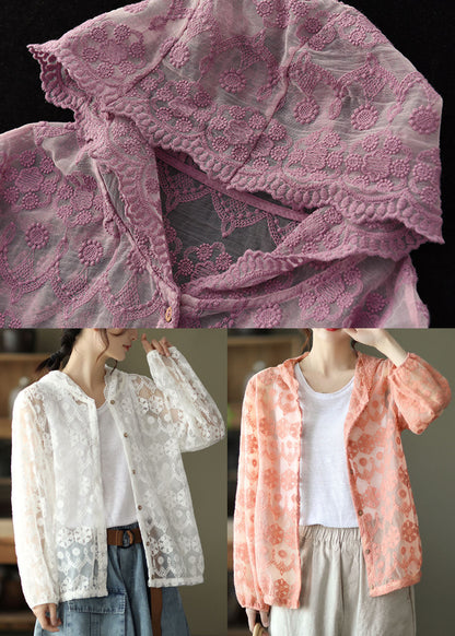 Loose Pink Embroidered Patchwork Lace Cardigans Long Sleeve