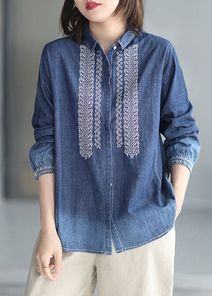 Blue Peter Pan Collar Embroidered Cotton Denim Shirt Top Long Sleeve