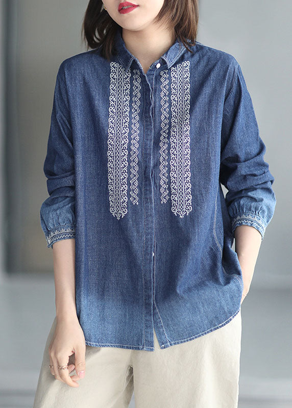 Blue Peter Pan Collar Embroidered Cotton Denim Shirt Top Long Sleeve