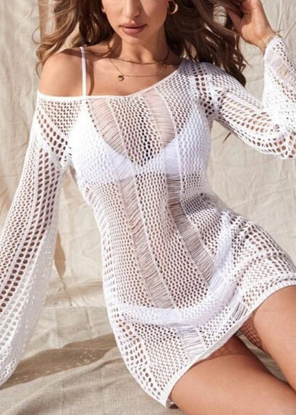 New Hollow Open Back Beach Knitted Cover Up Long Sleeve