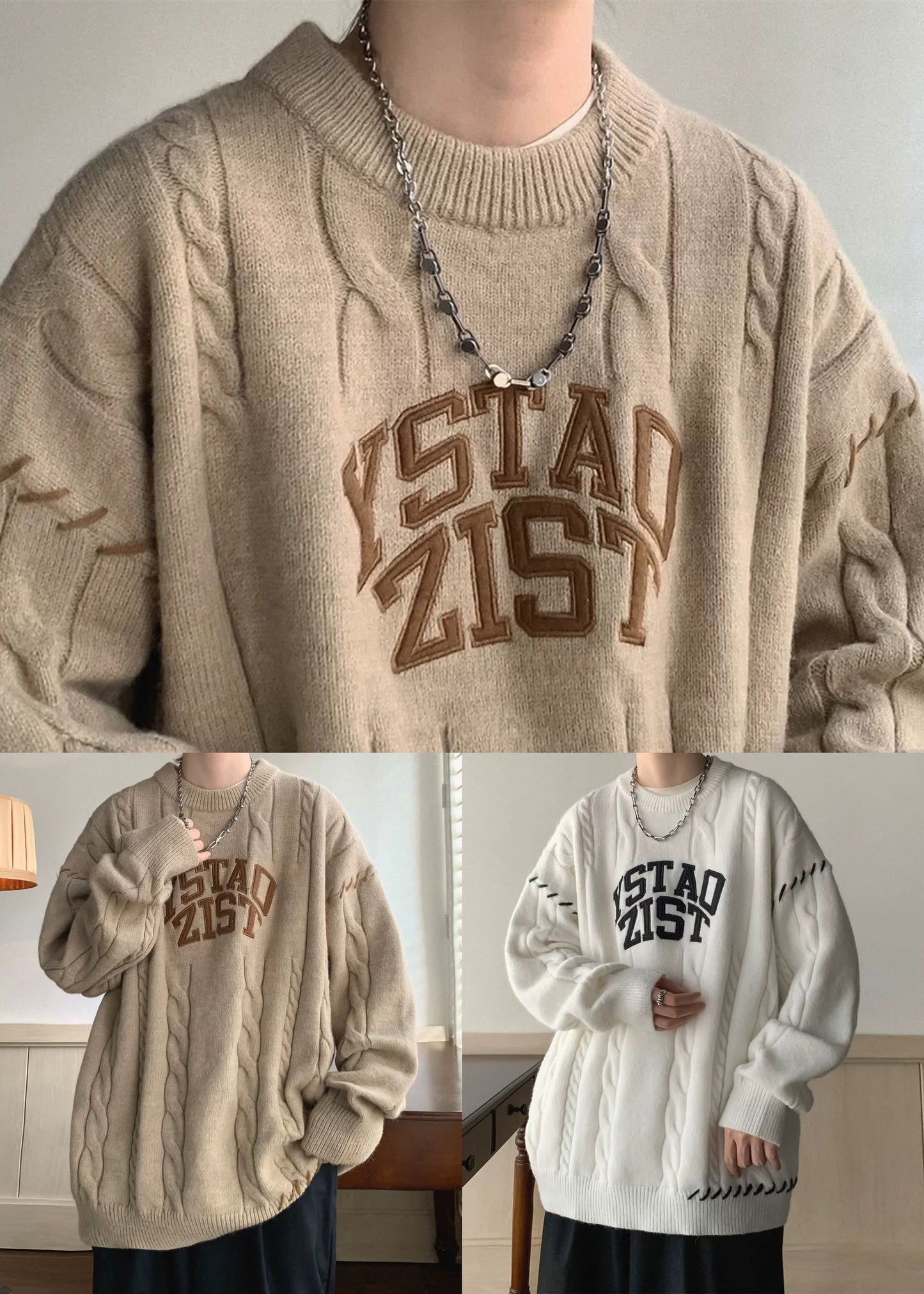 White Print Cozy Cotton Knit Winter Sweaters O Neck