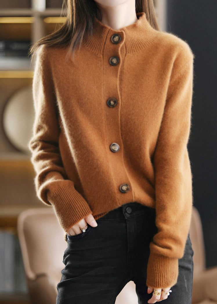Caramel O-neck Button Woolen Cardigan Long Sleeve
