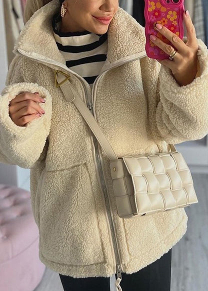 Style Khaki Zip Up Pockets Faux Fur Coat Outwear Winter