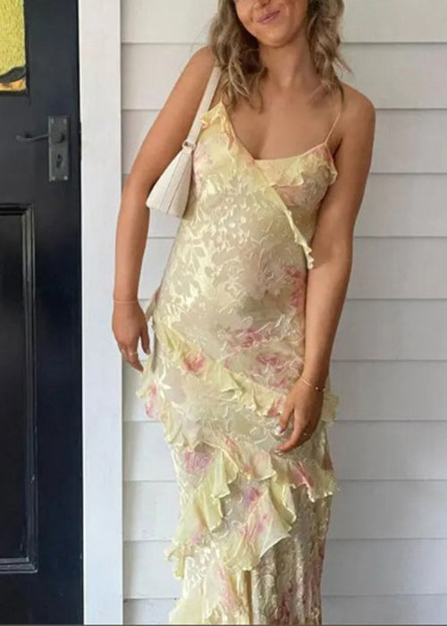 Stylish Pink Ruffled Patchwork Chiffon Spaghetti Strap Dresses Summer