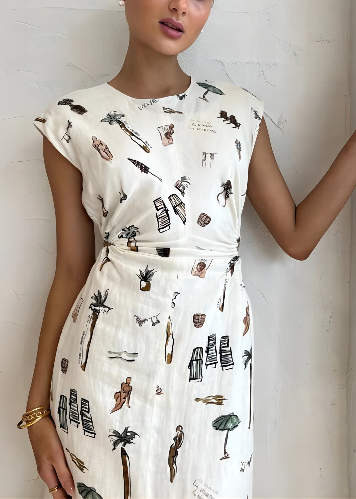 White O-neck Print Elastic Waist Linen Dress Sleeveless