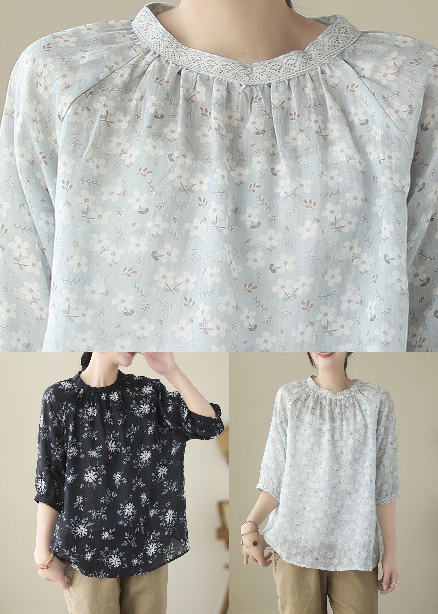 Blue O-neck Patchwork Ramie Shirts Half Sleeve