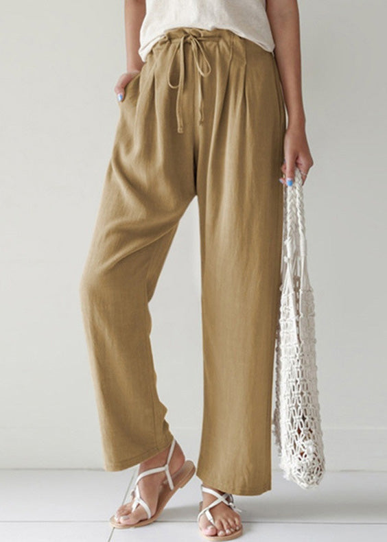 Blue Pockets Lace Up Cotton Pants Summer