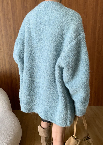 Blue V Neck Button Woolen Cardigans Fall