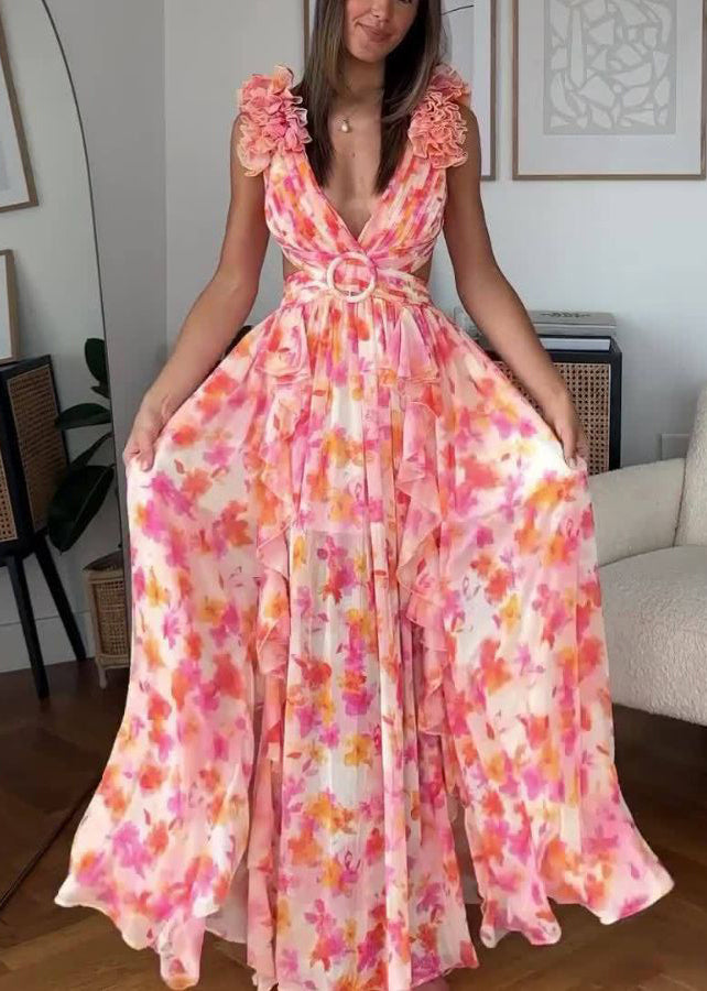 Pink Ruffled Print Lace Up Cotton Maxi Dress Sleeveless
