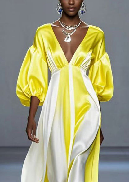 French Yellow Deep-v Neck Patchwork Silk Dress Lantern Sleeve