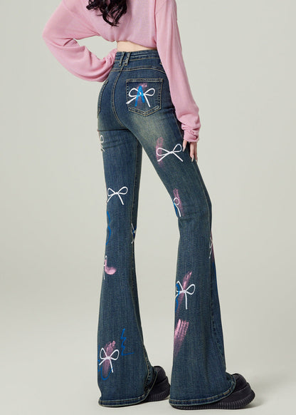 Blue Pockets Bow Print Denim Flared Trousers Spring