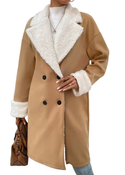 Khaki Peter Pan Collar Button Fleece Wool Lined Coat Outwear Winter