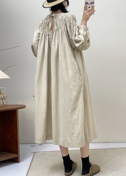 Beige Cotton Dresses Lace Up Long Sleeve