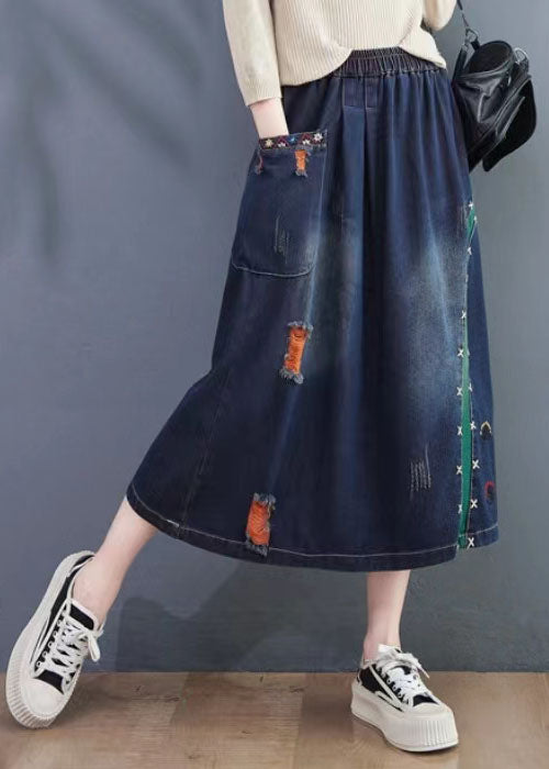 Art Navy Embroidered Hole Summer Denim Skirt