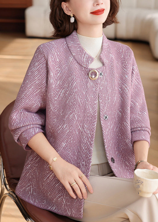 New Purple O-neck Patchwork Knit Cardigan Fall
