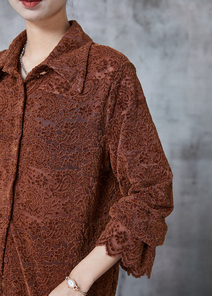 Caramel Embroidered Lace Shirt Tops Spring