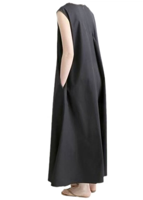 Organic Black V Neck Exra Large Hem Cotton Long Dress Sleeveless