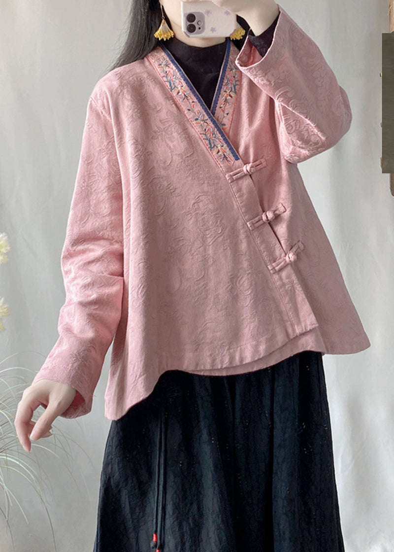 Natural Pink Embroidered Jacquard Cotton Oriental Shirt Spring