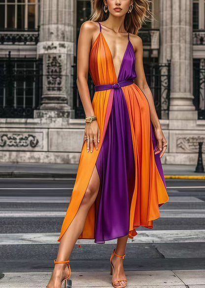 Colorblock Cinched Patchwork Chiffon Spaghetti Strap Dress Summer