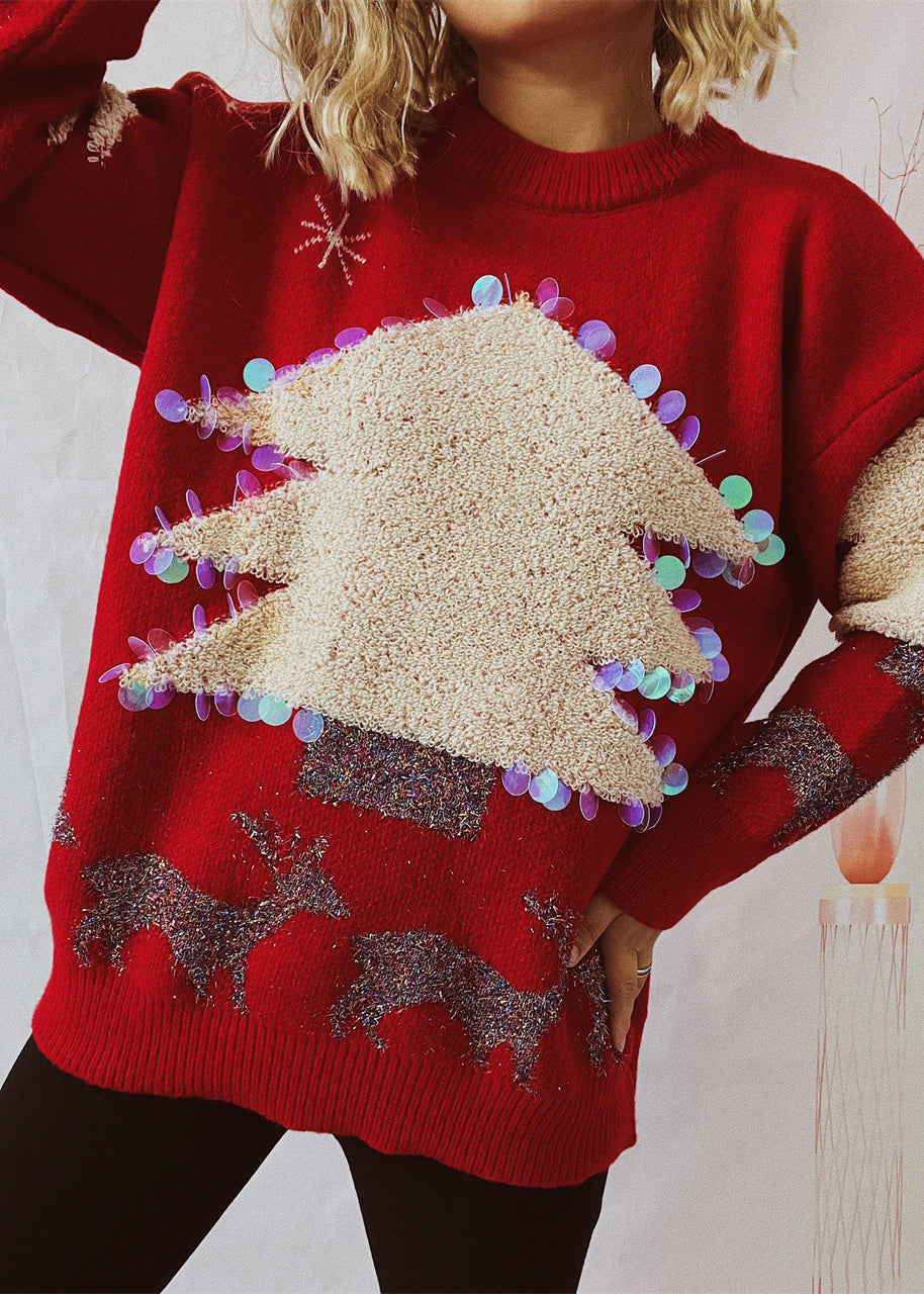 Stylish Red Christmas Tree Jacquard Sequins Thick Knit Sweaters Winter