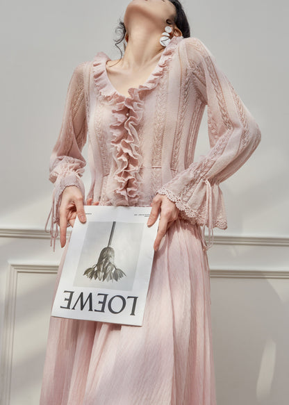 French Pink Ruffled Hollow Out Patchwork Knit Top Flare Sleeve