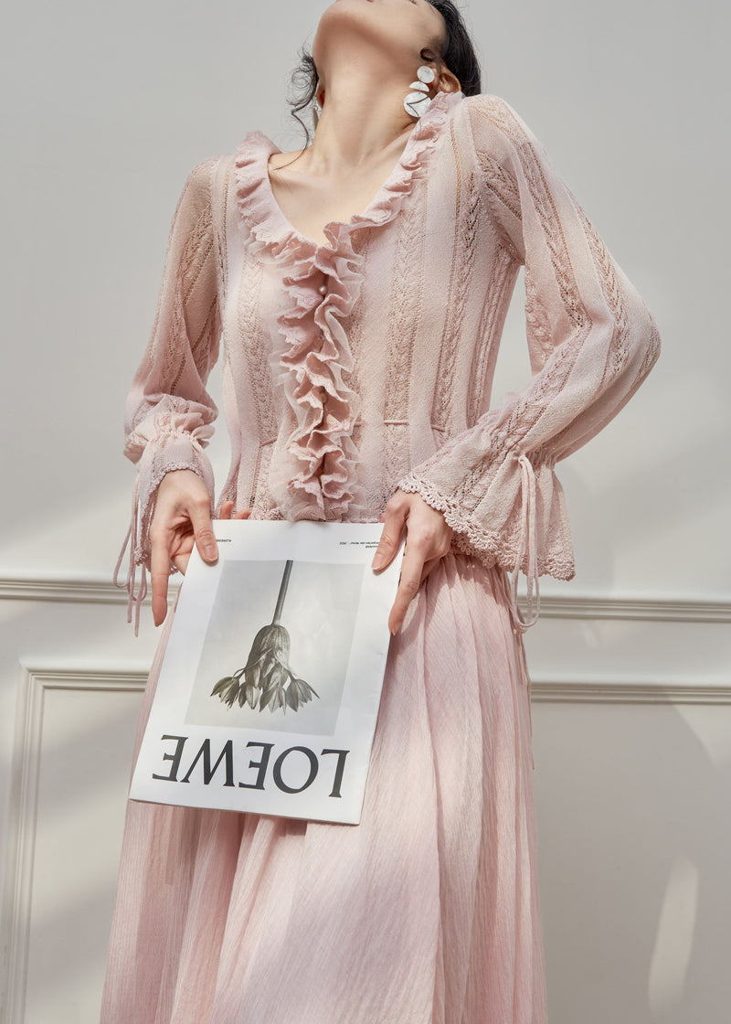 French Pink Ruffled Hollow Out Patchwork Knit Top Flare Sleeve