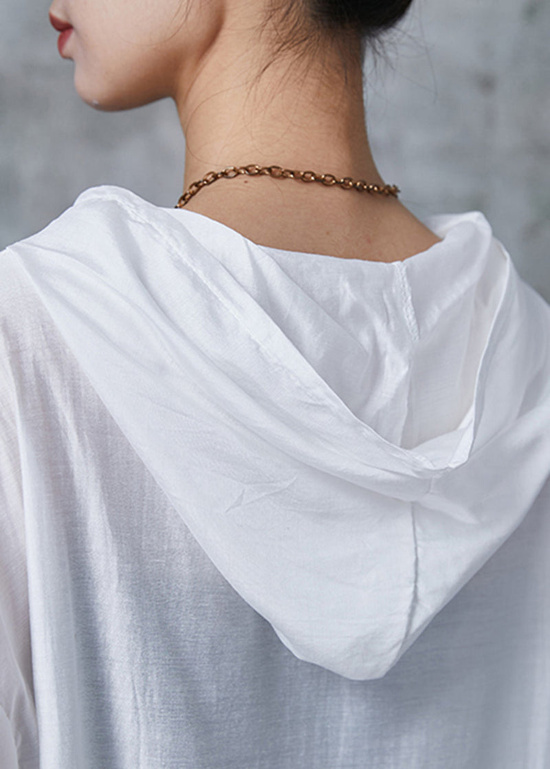 Modern White Hooded Drawstring Cotton Upf 50+ Sweatshirt Summer