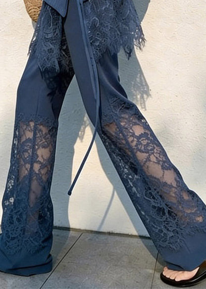 Fitted Navy Straight Pants Lace Patchwork Summer