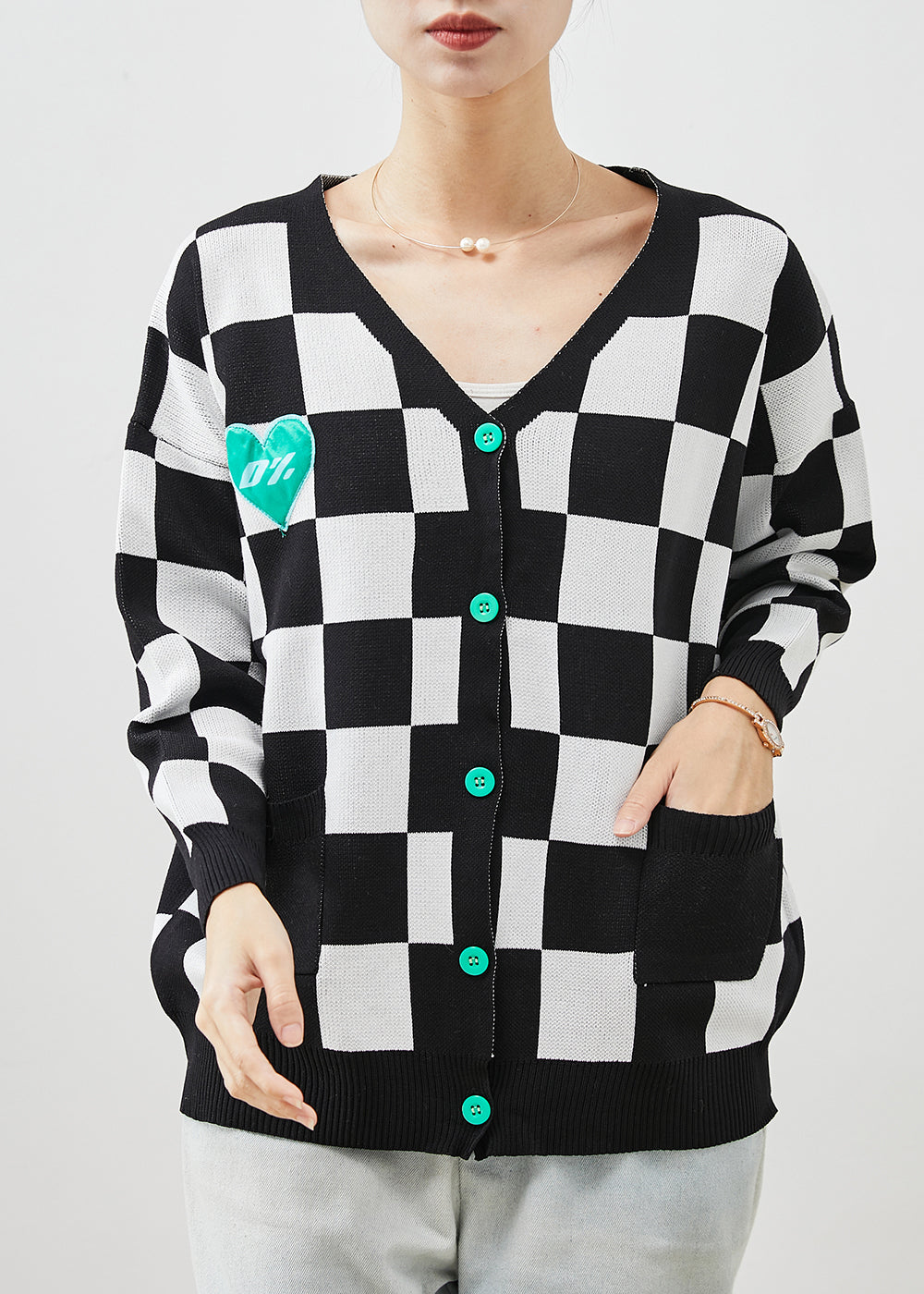 Black White Plaid Knit Cardigans Spring