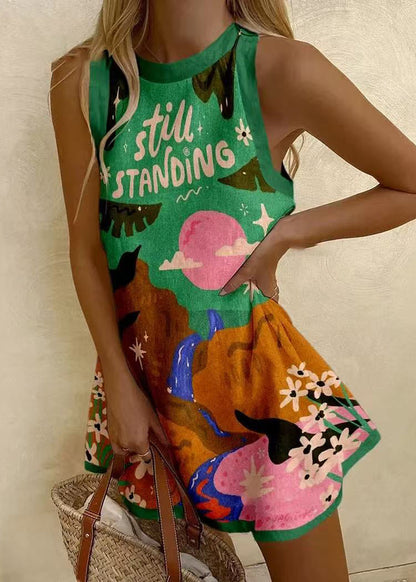 White O Neck Print Patchwork Cotton Mini Dresses Sleeveless