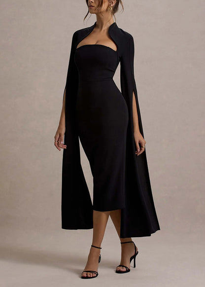 New Wine Red Long Sleeved Slit Ribbon Dress Hollowed Out