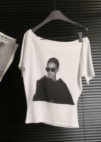 Handmade White O-neck Belle Print T Shirt Summer