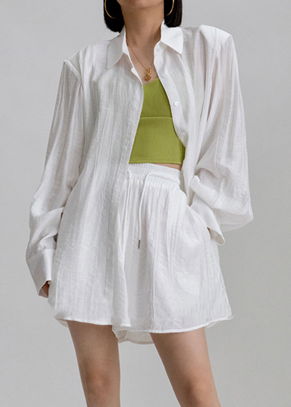 White Peter Pan Collar Shirts and Shorts Two Pieces Set Long Sleeve