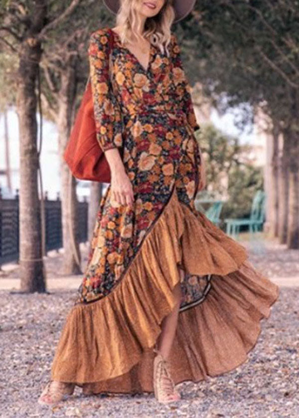 V Neck Print Tie Waist Cotton Long Dresses Spring