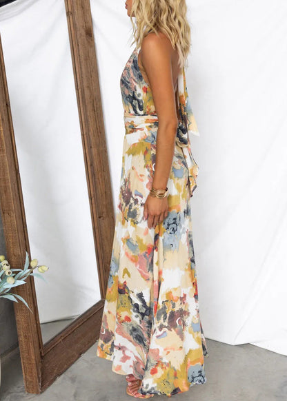Yellow V Neck Print Backless Lace Up Cotton Dress Summer