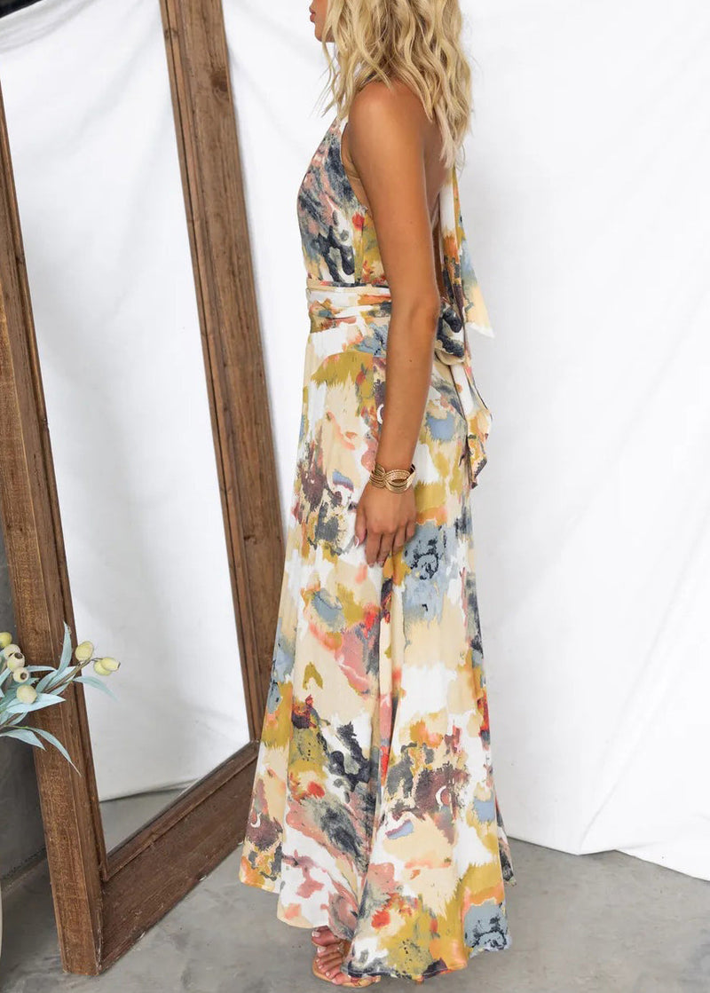Yellow V Neck Print Backless Lace Up Cotton Dress Summer