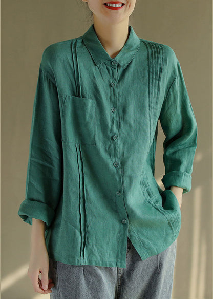 Green Linen Blouse Tops Button Asymmetrical Design Long Sleeve