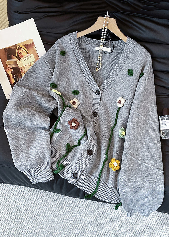 Loose Grey V Neck Button Knit Coats Fall