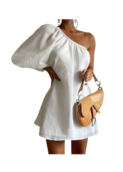 Stylish White One Shoulder Cotton Mid Dresses Puff Sleeve