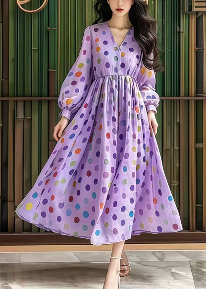 Purple V Neck Print Cotton Party Dress Fall