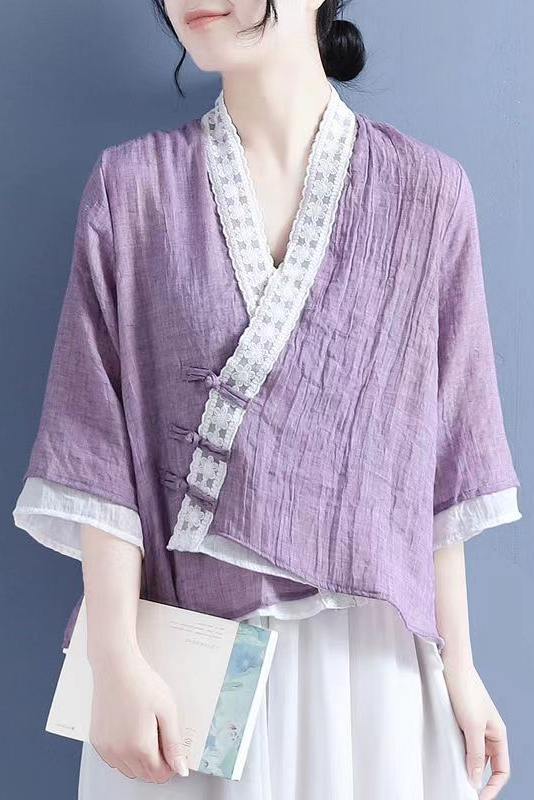 Summer Lace Slanted Button Shirt Lace-up 3/4 Sleeve Tops