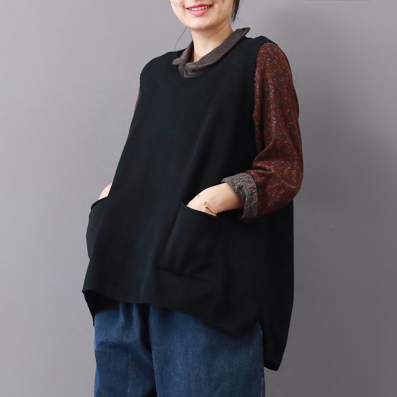 Boutique Black Sweaters Big Pockets Sweaters Sleeveless Shirt