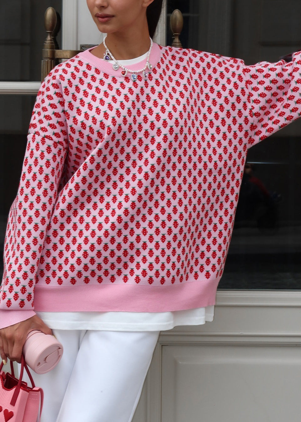 New Pink O Neck Jacquard Thick Knit Sweater Fall