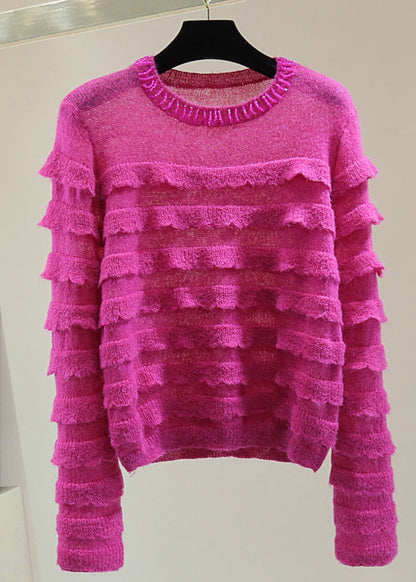 Rose Ruffled Patchwork Nail Bead Cotton Knit Sweater Winter